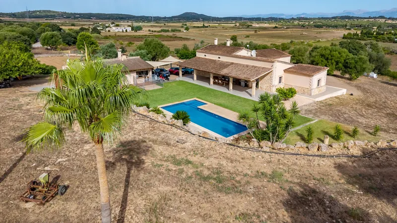 Casa de campo con palmeras y piscina en el llano de Mallorca, desde el dron